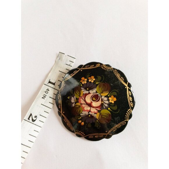 Vintage Russian Floral Brooch Hand-Painted Lacquer Finish - Picture 2 of 6